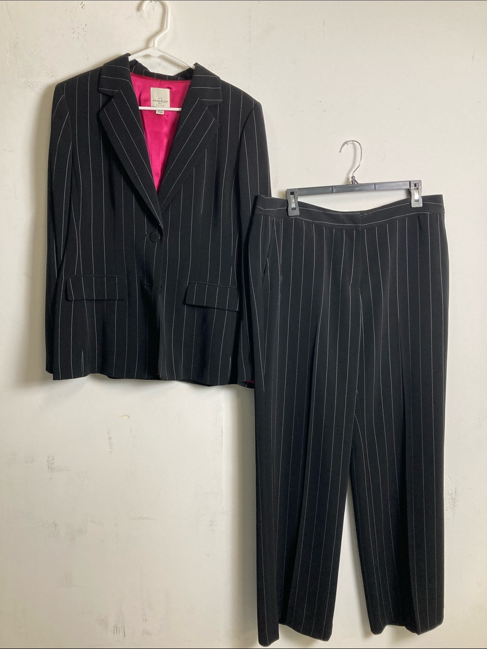 Anne Klein Black Pinstripe Blazer & Pants with Pink Lining